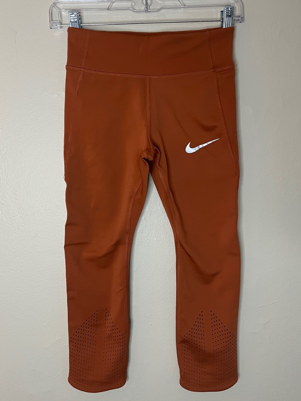 Nike Women's Rust Orange Capri Leggings with White Swoosh
